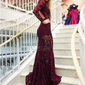 Jovani Burgundy Lace Fitted Evening Gown